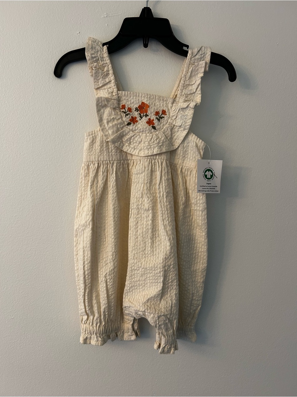 Little Earth Cream Romper with Orange Floral Embroidery